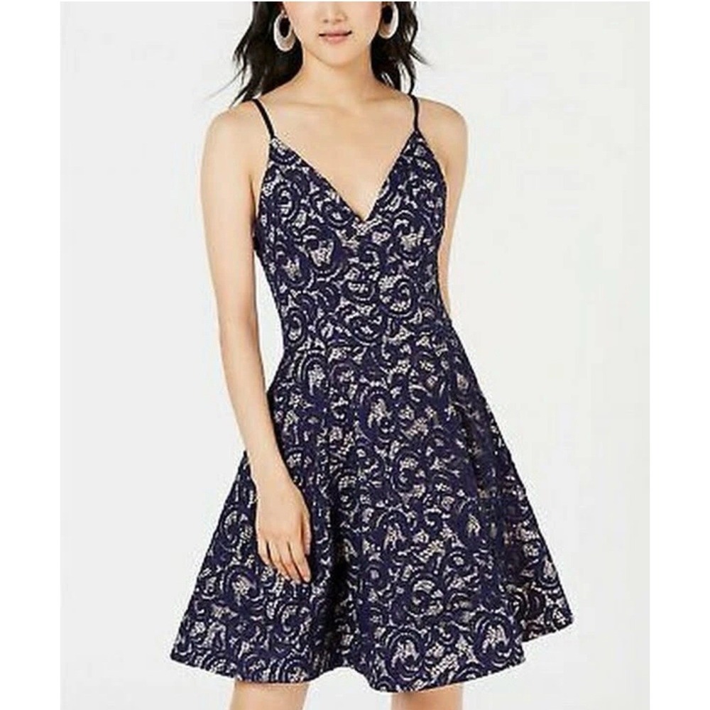 Navy Lace-Overlay Fit & Flare Dress
